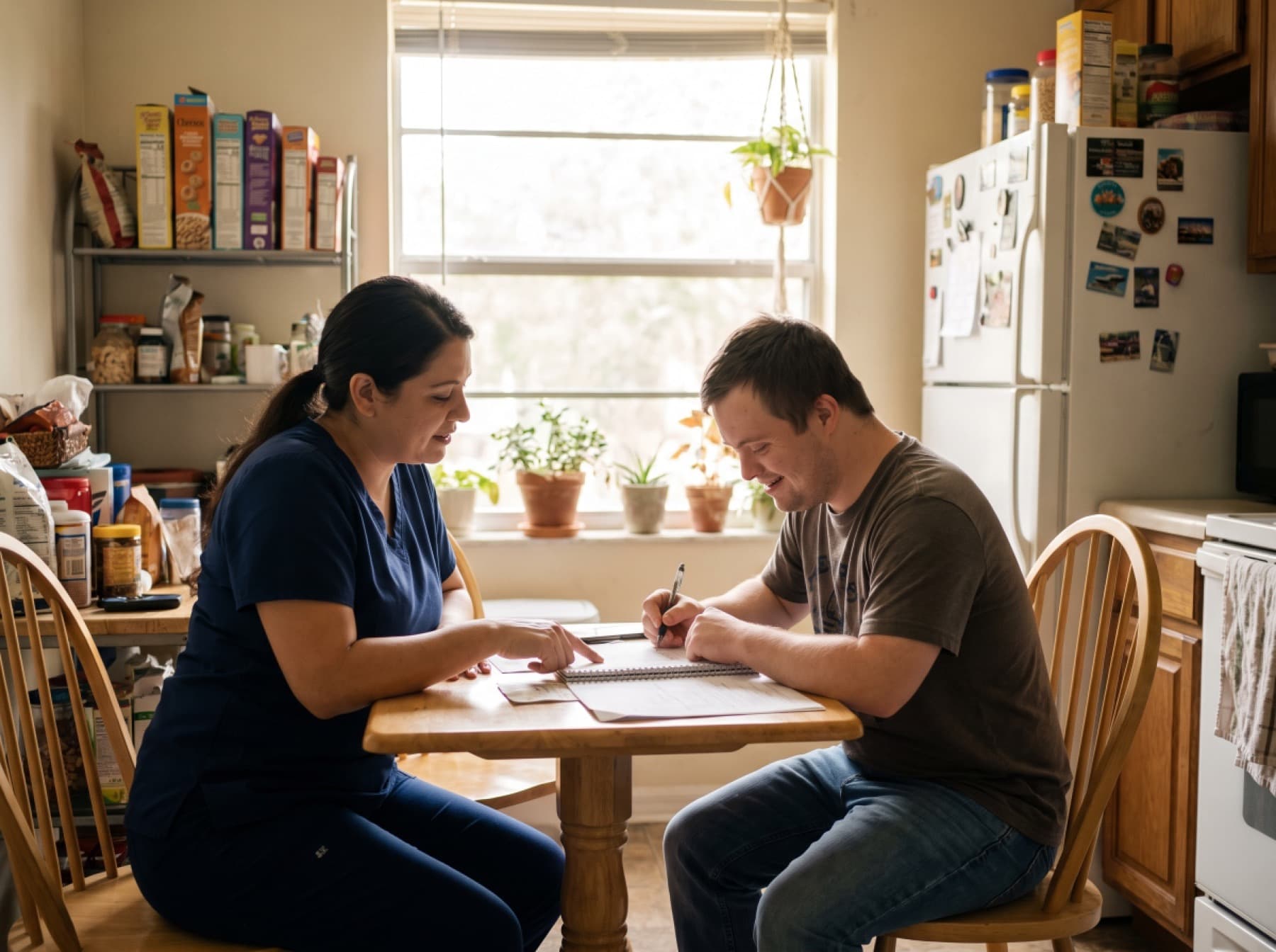 A young man with a developmental disability writing his own shopping list at the kitchen table while a caregiver in navy scrubs helps him plan.