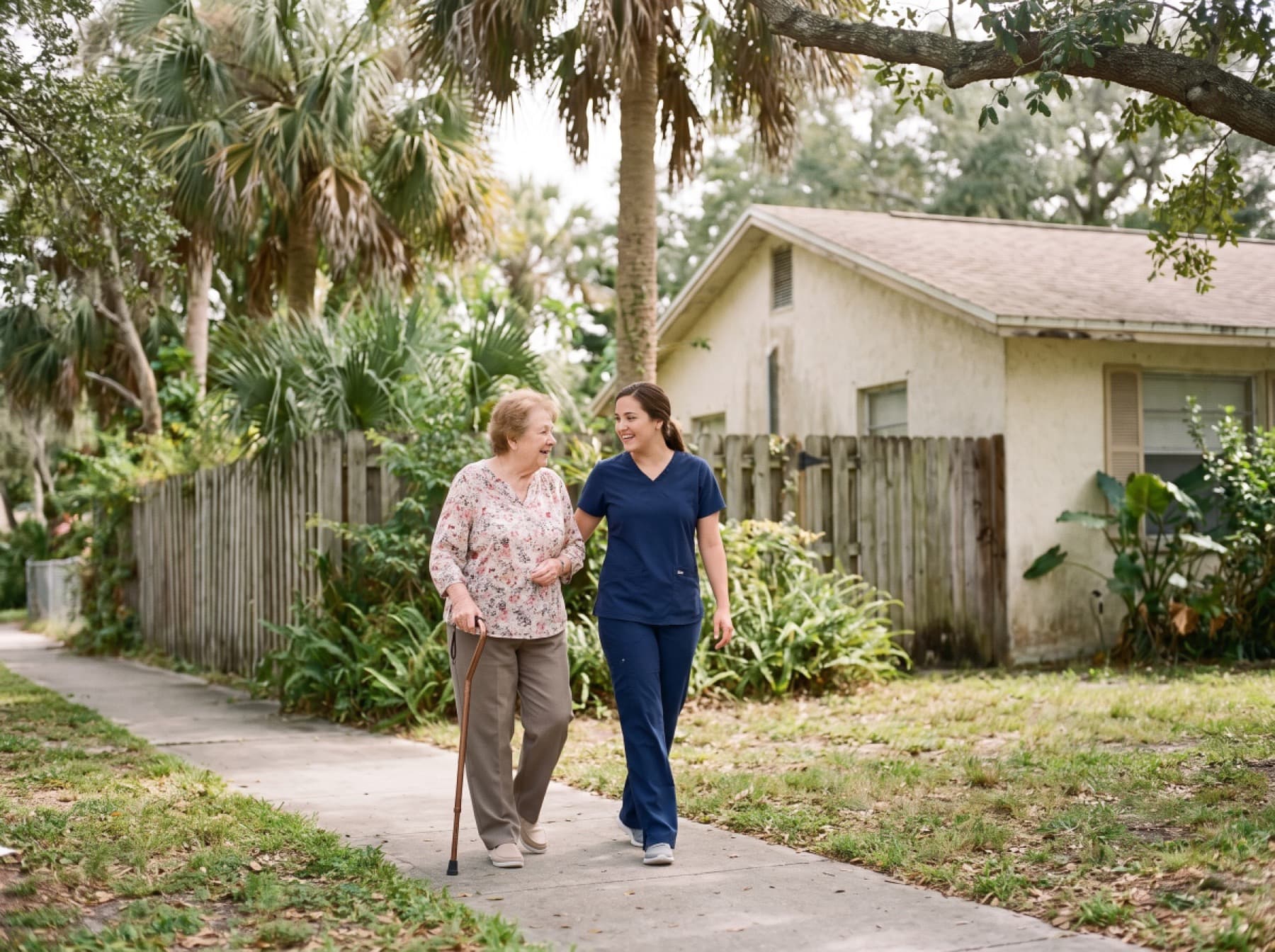 A caregiver in navy scrubs walking beside an older woman using a cane along a shaded Florida sidewalk, the two of them talking.